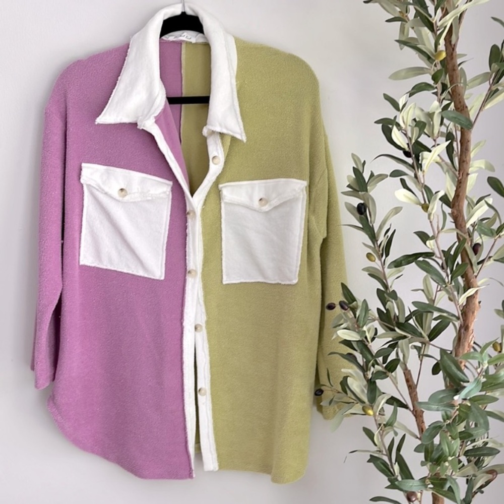 Bucket List Terry cloth purple and green button down shirt. Never worn. Size L